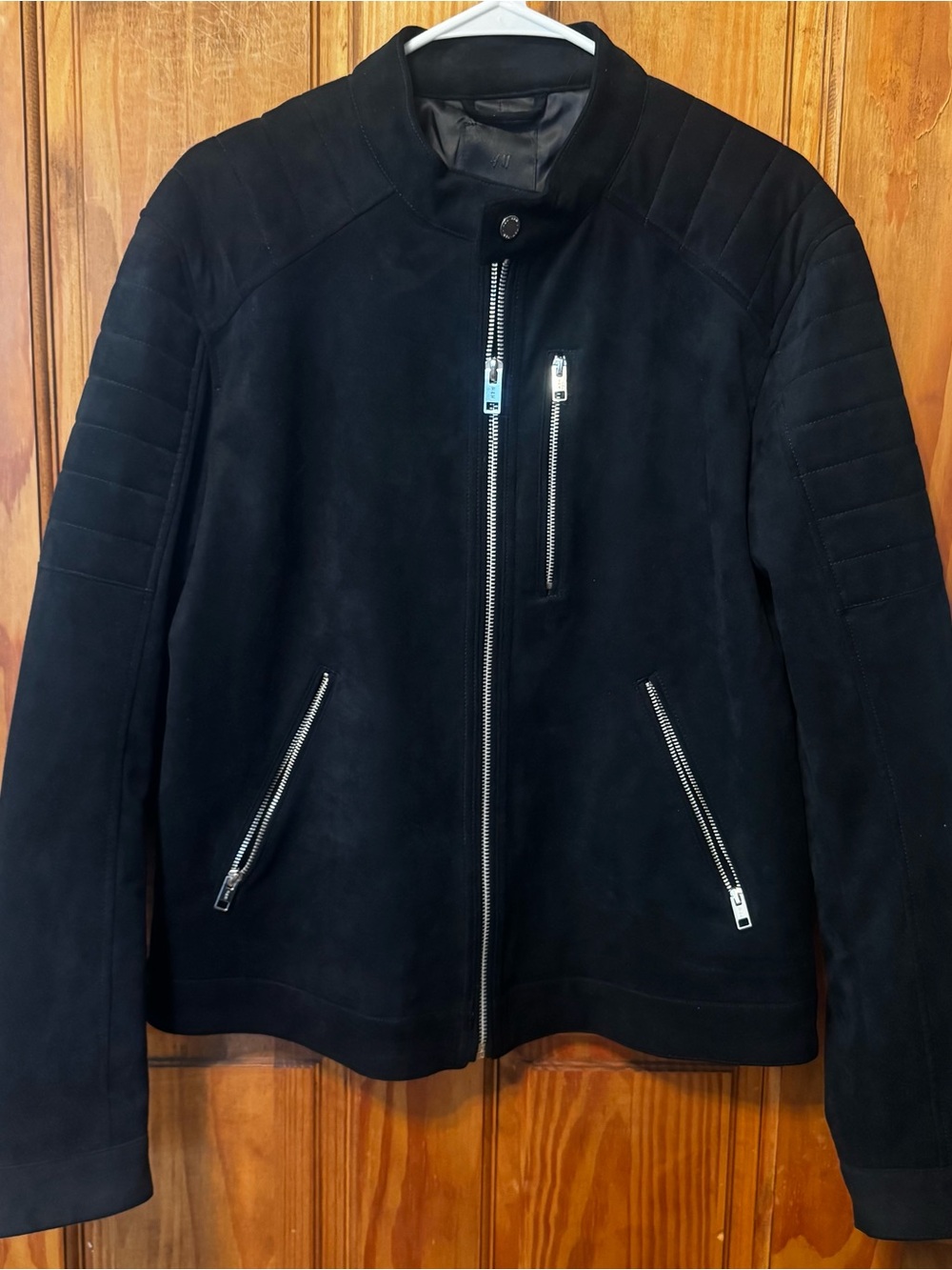 H&M Black Suede Bomber Jacket with Silver Zippers